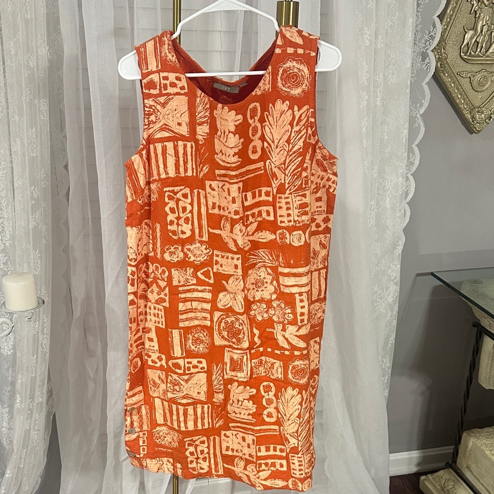 Orange Patterned Linen Sleeveless Dress